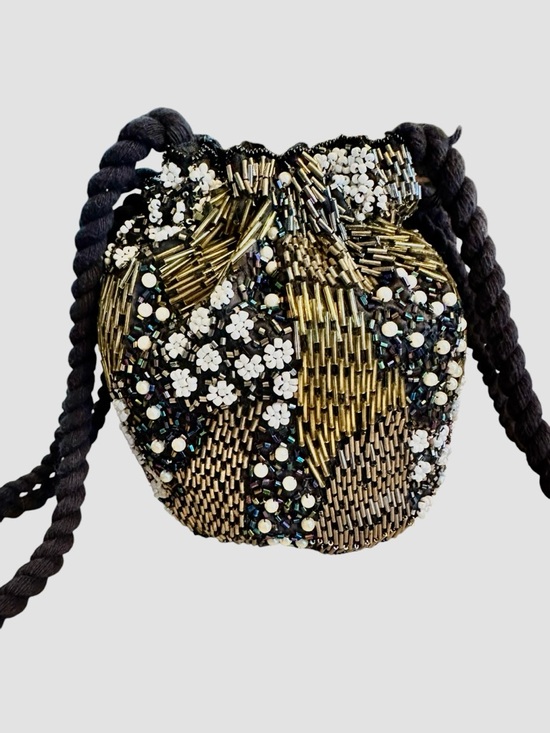 World Market Beaded Tassle Cinch Evening Bag - India Black And Gold